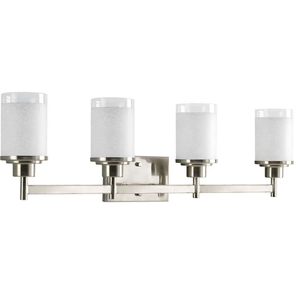 Progress Lighting Alexa Collection 4-Light Bath Fixture, Brushed Nickel, White Linen Glass Shade