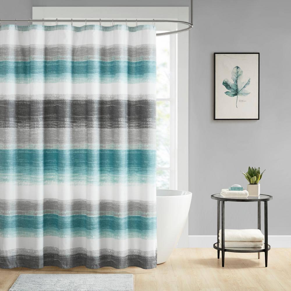 Seth Striped Print Shower Curtain Aqua/Gray - Madison Park: Polyester Microfiber, Buttonhole Top, OEKO-TEX Certified