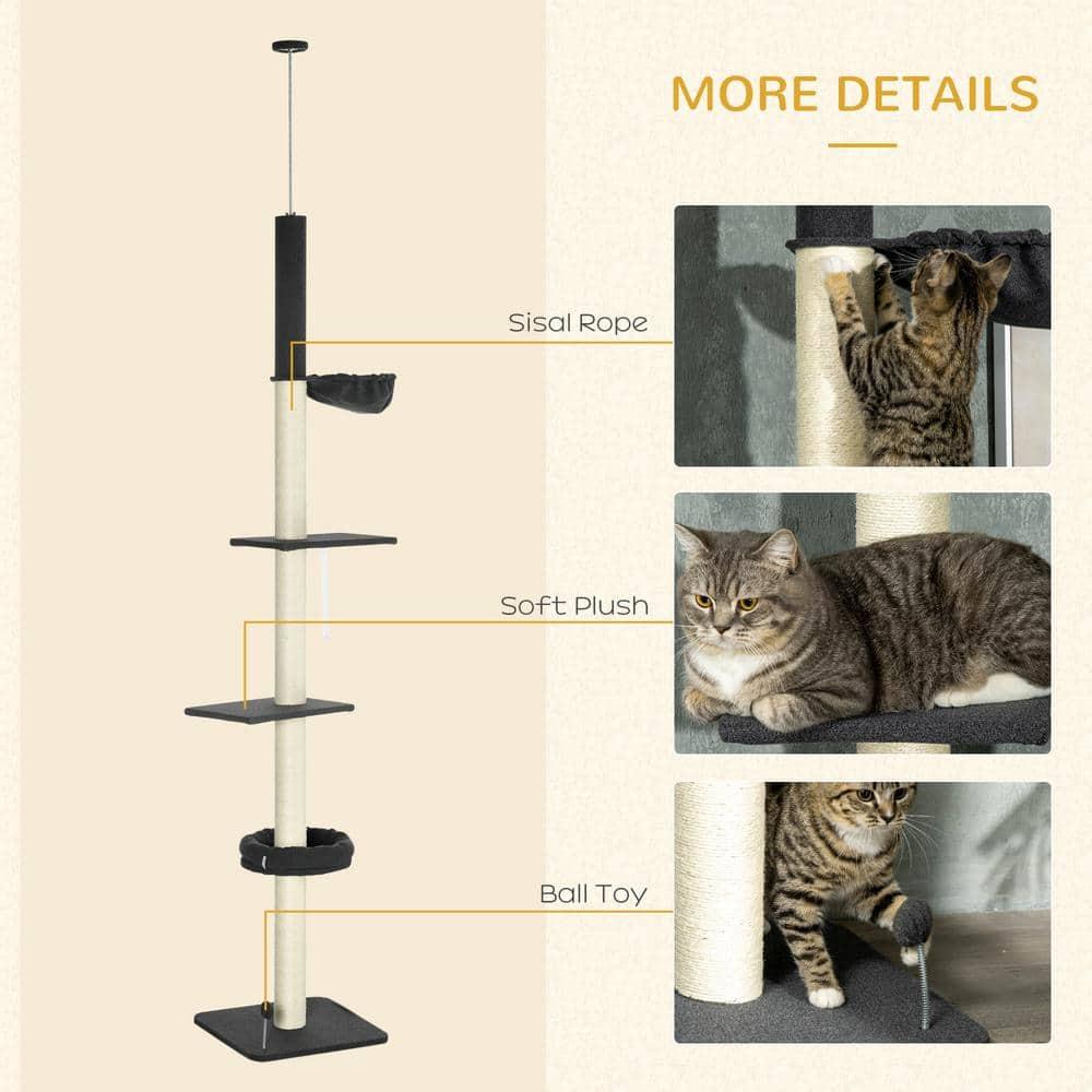 PawHut Floor To Ceiling Cat Tree, 5-Tier Cat Climbing Tower, 95"-106" Height with Bed, Hammock, Scratching Post for Indoor Cats, Dark Gray and Cream