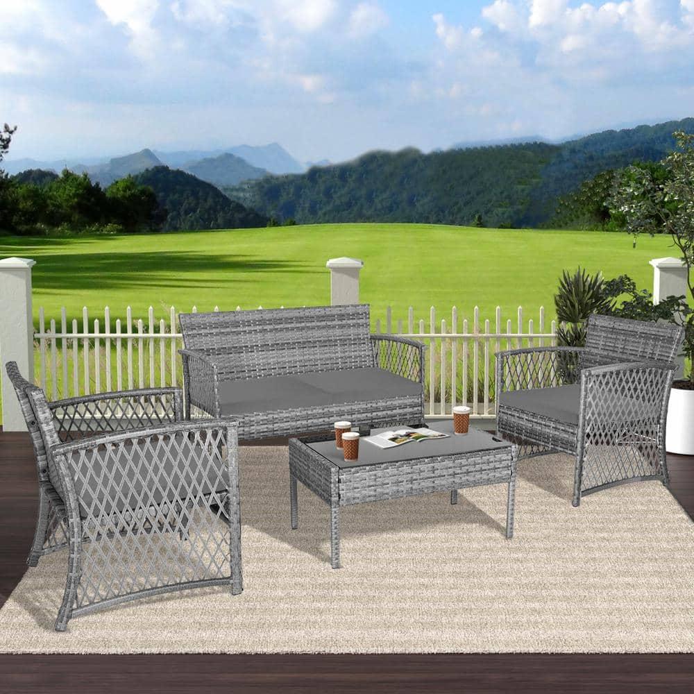 4-Piece Outdoor Patio Conversation Set, Gray/Gray