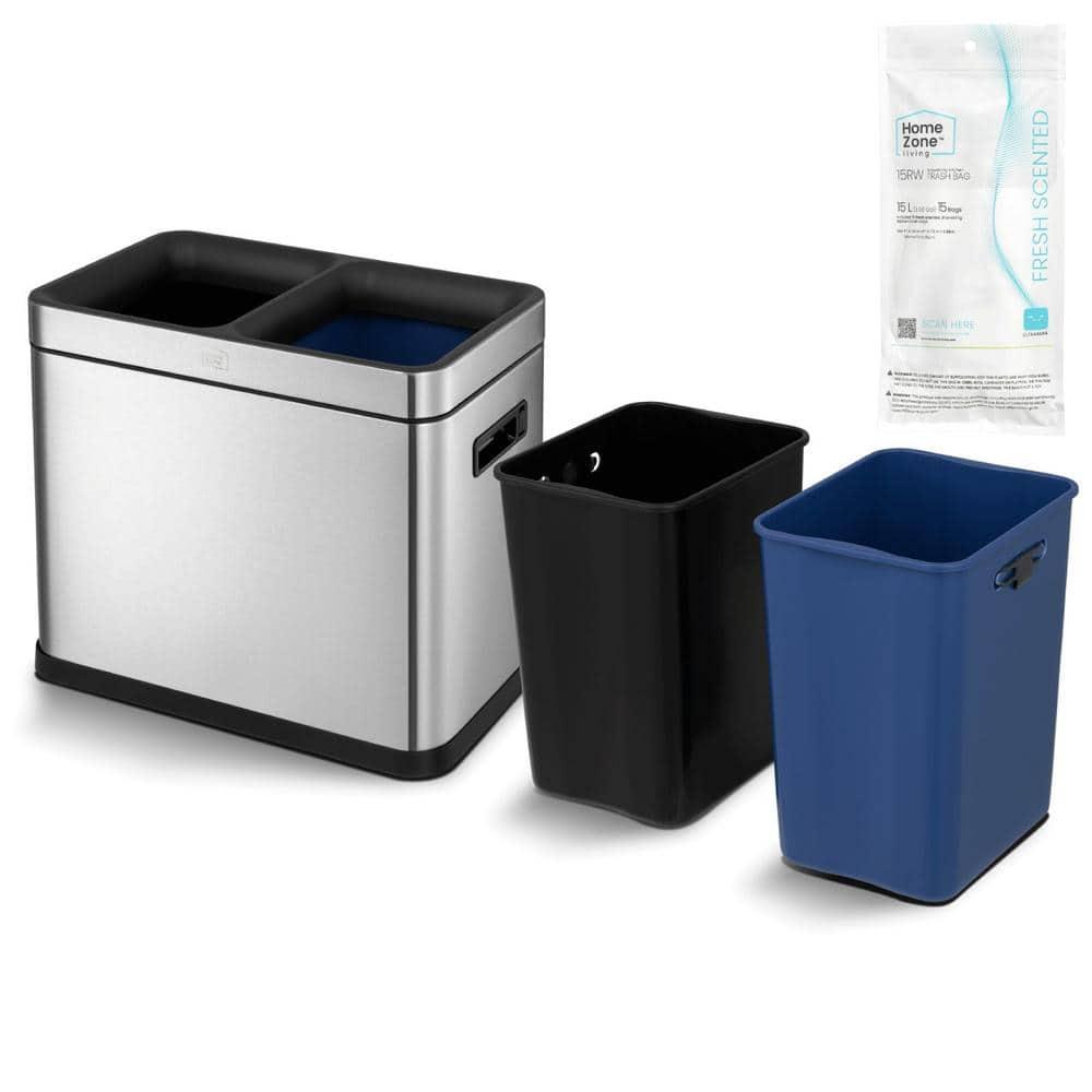 Home Zone Living Open Top Trash Can Dual Removable Liners for Trash and Recycling Stainless Steel