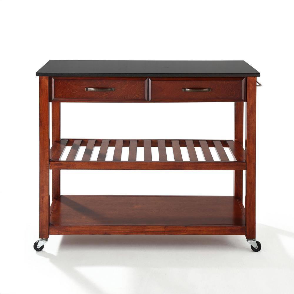 Crosley Solid Black Granite Top Kitchen Cart/Island with Optional Stool Storage Classic Cherry: Modern Rolling Furniture with Storage, 2 Shelves