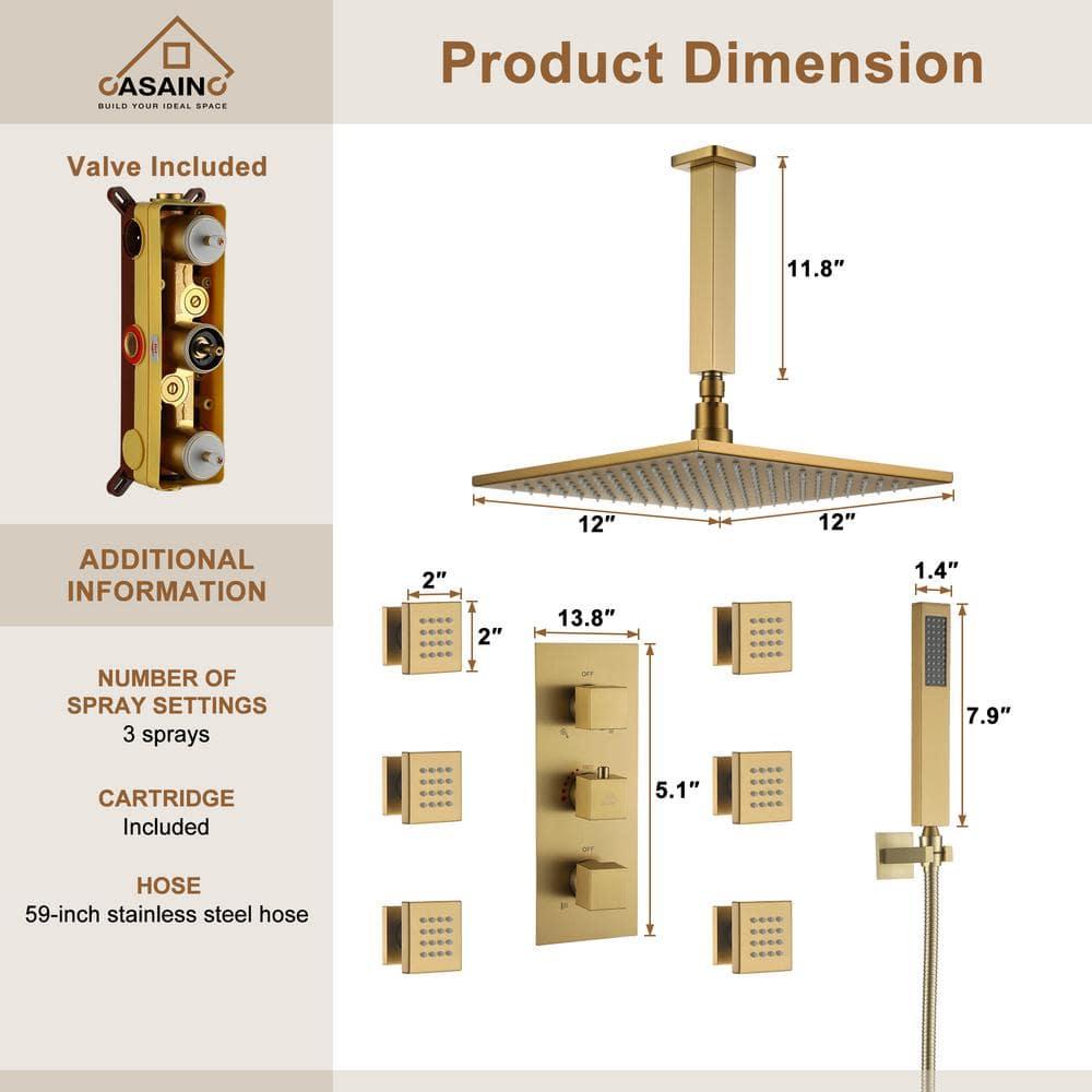 CASAINC LED Thermostatic Dual Shower Heads Ceiling Mount Fixed and Handheld Shower Head
