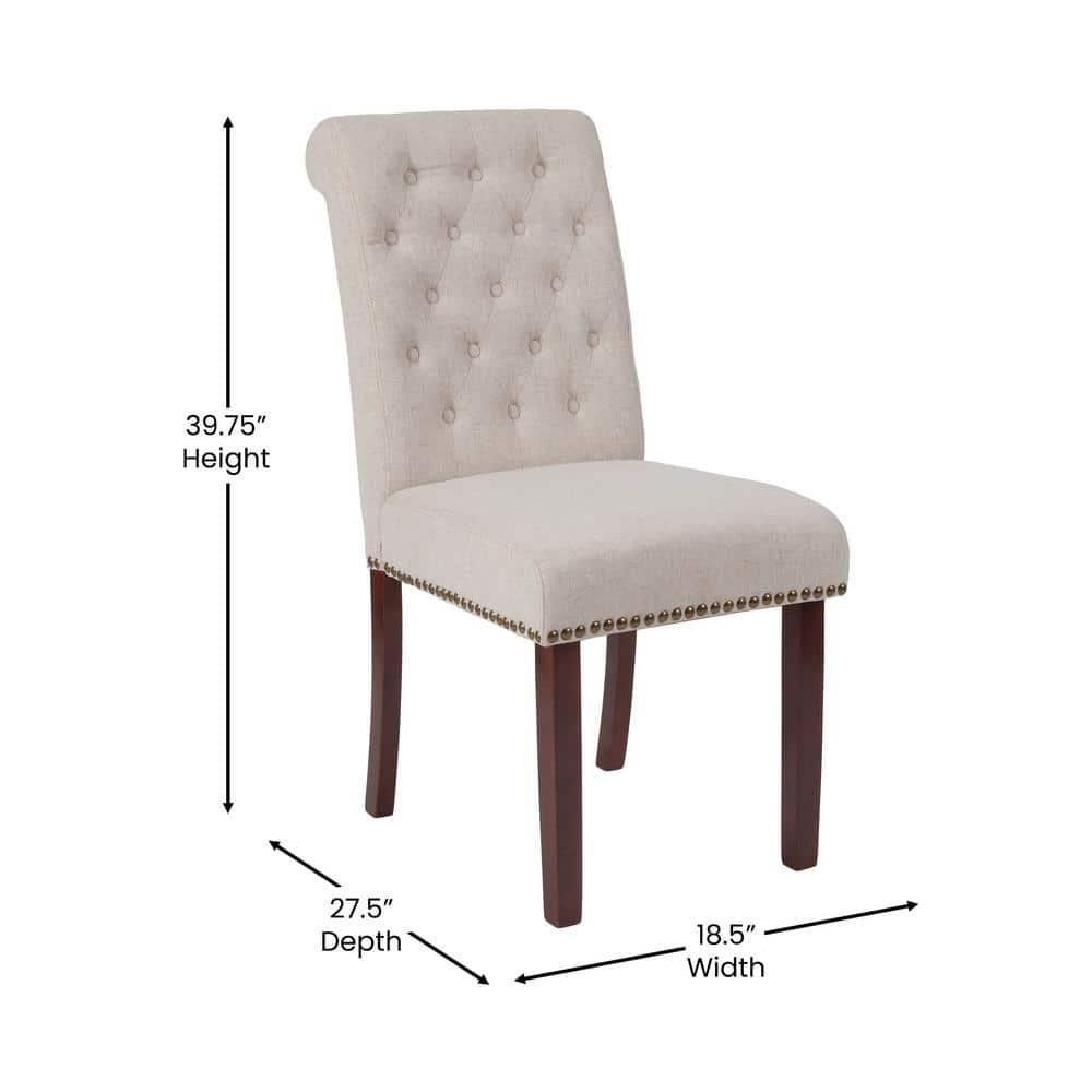 Flash Furniture HERCULES Series Beige Fabric Parsons Chair with Rolled Back, Accent Nail Trim and Walnut Finish