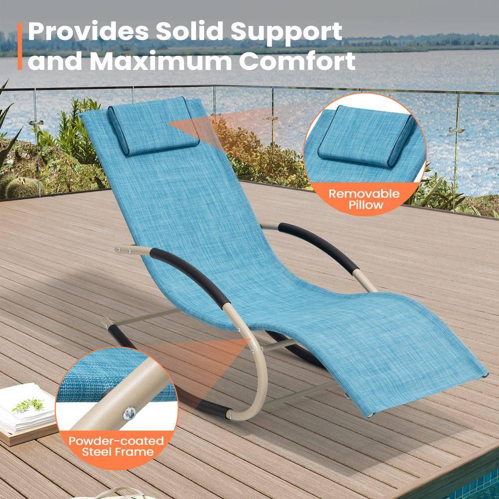 Metal Patio Outdoor Rocking Chair in Blue with Headrest (1-Piece)