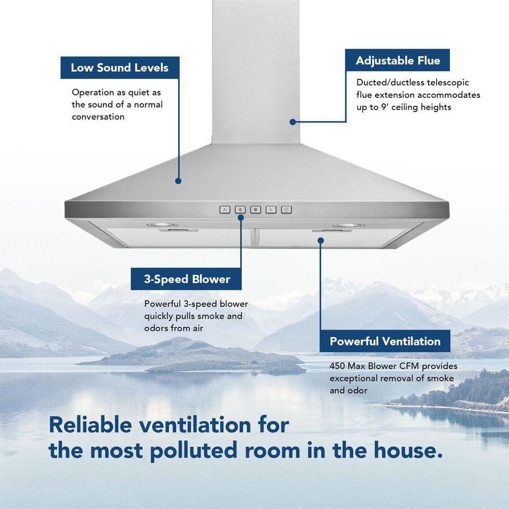 Broan-NuTone 24" Pyramidal Chimney Range Hood with LED Lighting, Convertible Wall-Mount Kitchen Chimney Vent Hood, 450 Max CFM, Stainless Steel