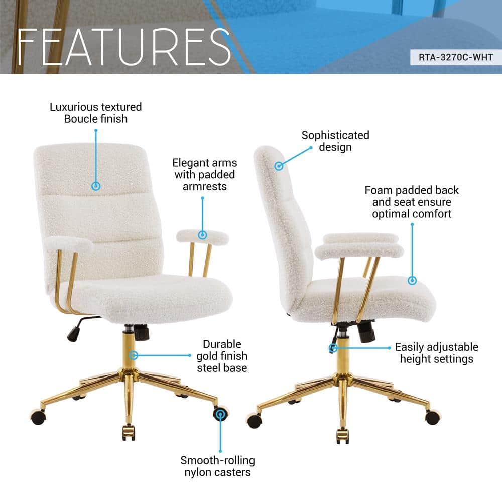 Techni Mobili Elegant Textured Boucle White and Gold Office Chair