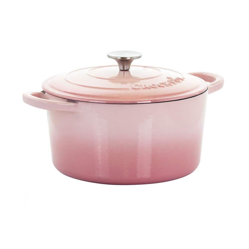 Crock-Pot 5 Quart Round Enamel Cast Iron Covered Dutch Oven Cooker, Blush Pink
