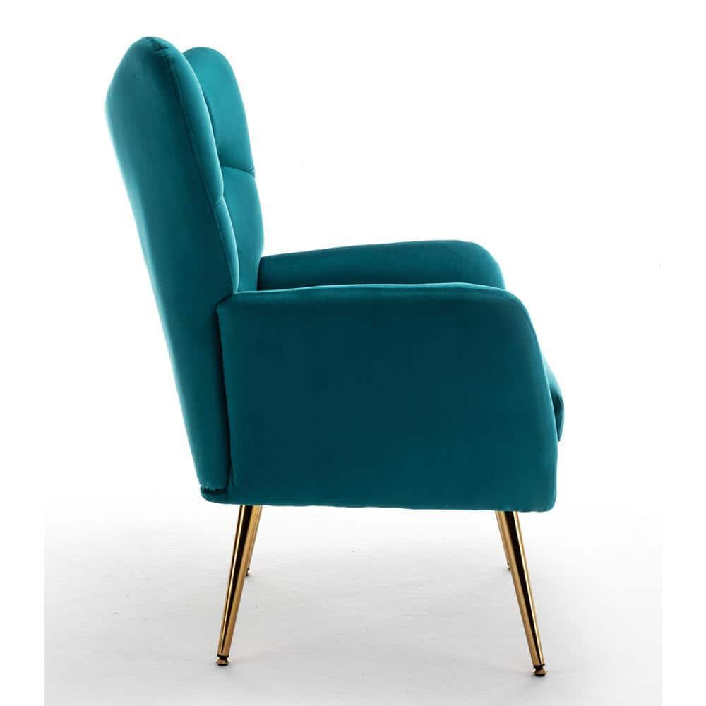 Modern Chic Mid-Century Velvet Accent Armchair for Living Room, Bedroom, or Home Office, Button-Tufted Wingback Design with Gold Flared Legs, Dark Teal