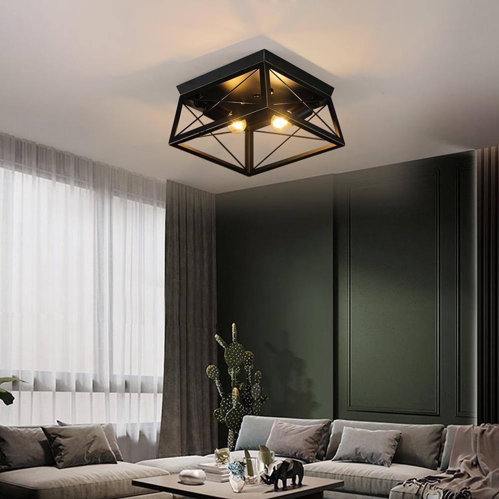 Progress Lighting, Briarwood, 2-Light Flush Mount, Textured Black, Faux-Painted Wood Enclosure