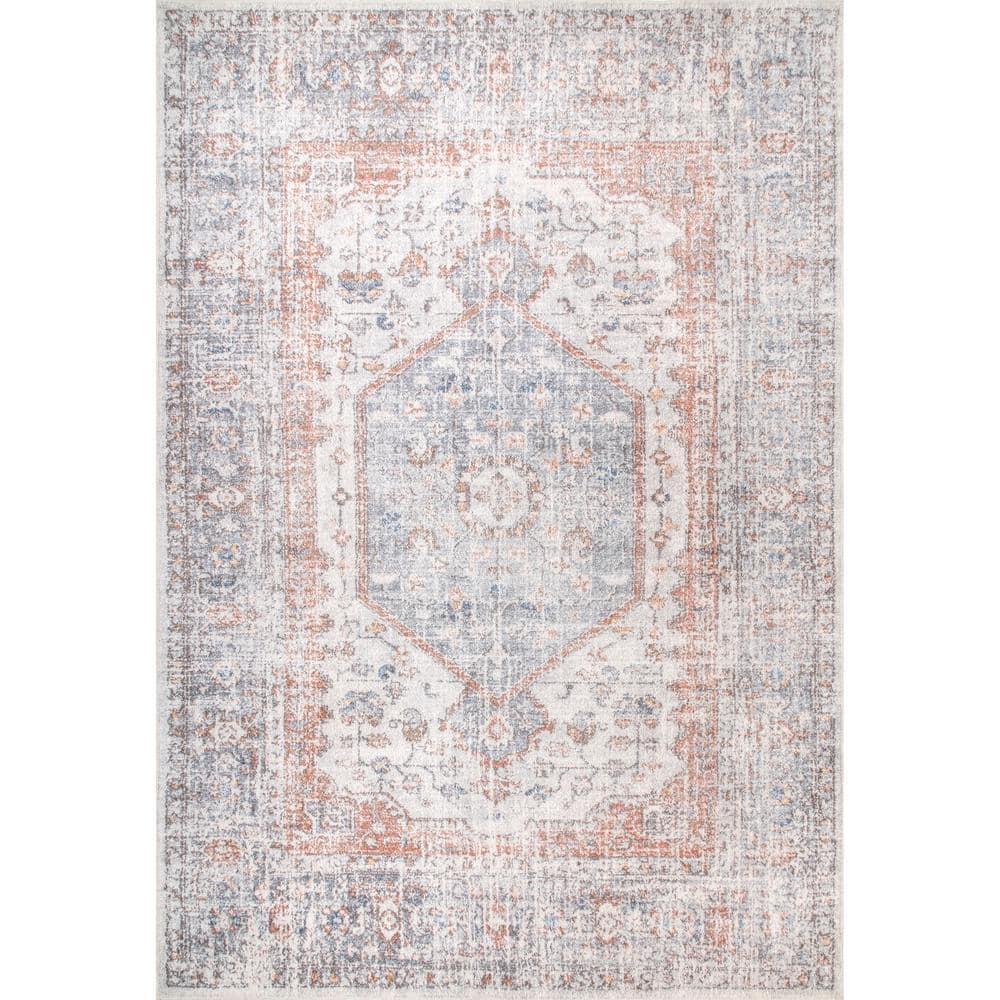 Nuloom 8x10 Machine Washable Rain Haven Vintage Medallion Indoor Area Rug, Light Grey Non-Slip Backing, Stain Resistant,  BedroomLiving Room, Kitchen