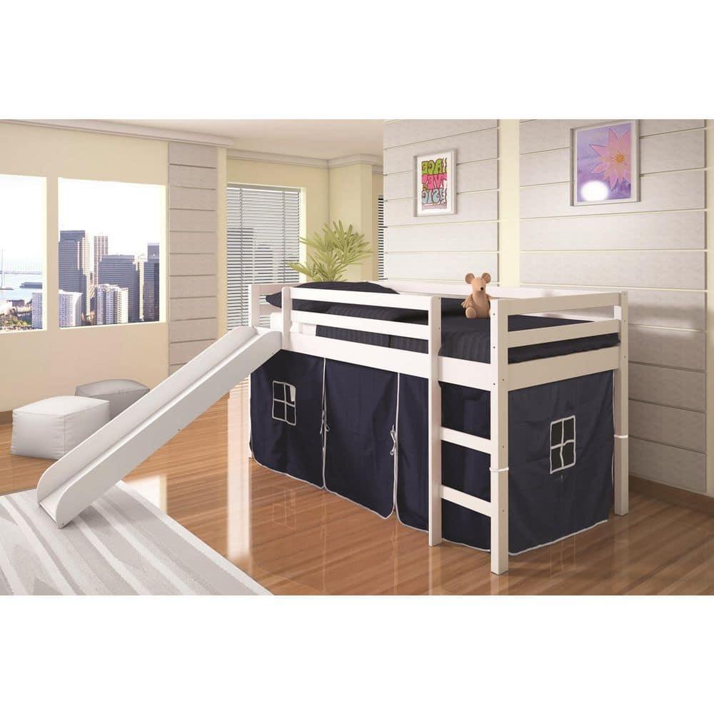 Donco Kids Low Loft Bed with Slide and Blue Tent, Twin, White