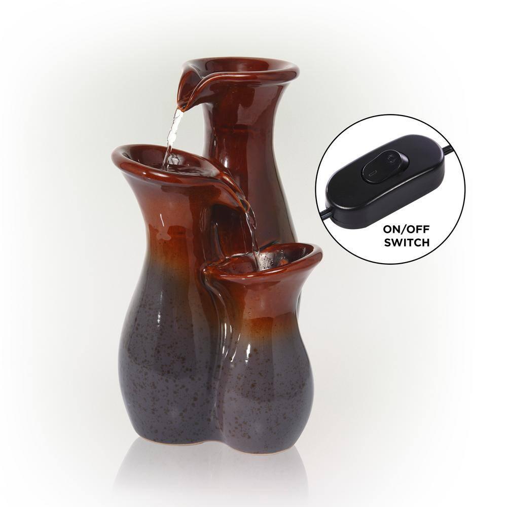 Alpine Corporation 11"H Indoor Tiered Glossy Ceramic Vase Tabletop Fountain, Brown/Gray