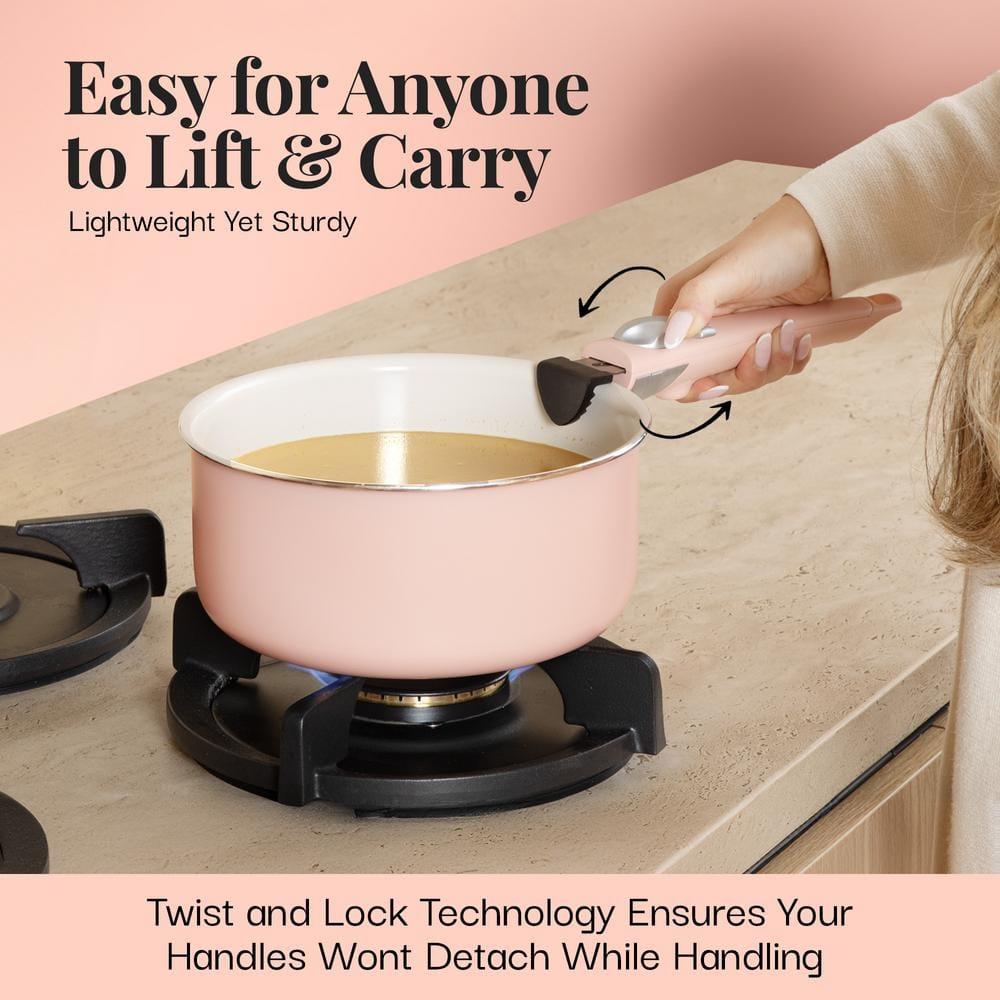 Gotham Steel Nonstick Pots and Pans 18 Piece Ceramic Induction Cookware Kitchen Set Detachable Handles Frying Skillet Pink