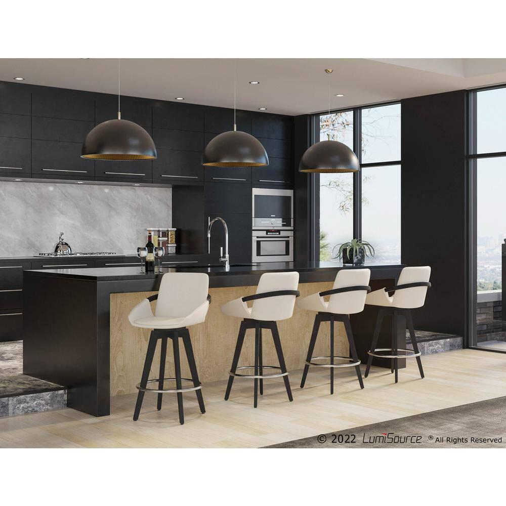 Set of 2 Cosmo PU Leather/Metal/Wood Counter Height Barstools Black/Chrome/Cream - LumiSource: Swivel Seat, Chrome Footrest, Faux Leather