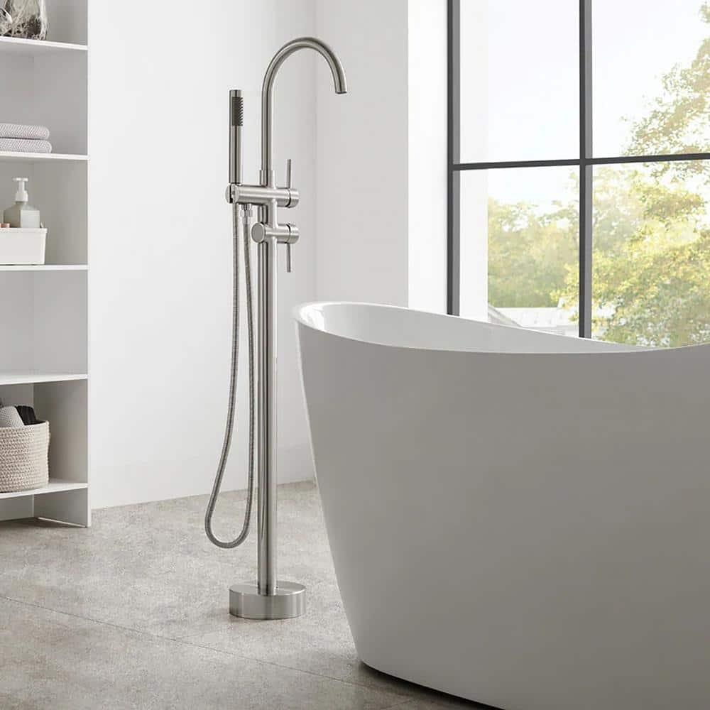 Double Handle Floor Mounted Freestanding Tub Filler With Handshower