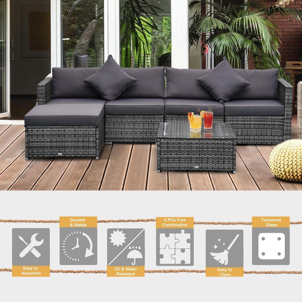 Outsunny 6 Pieces Patio Furniture Sets Outdoor Wicker All Weather PE Rattan Sectional sofa set with Ottoman, Cushions & Tempered Glass Desktop, Gray