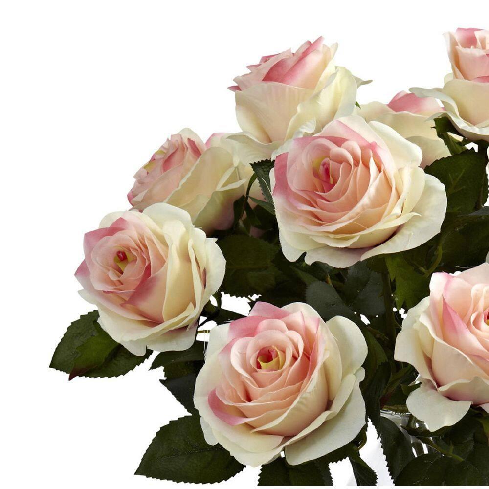 Nearly Natural Blooming Roses Artificial Flowers with Vase, Light Pink
