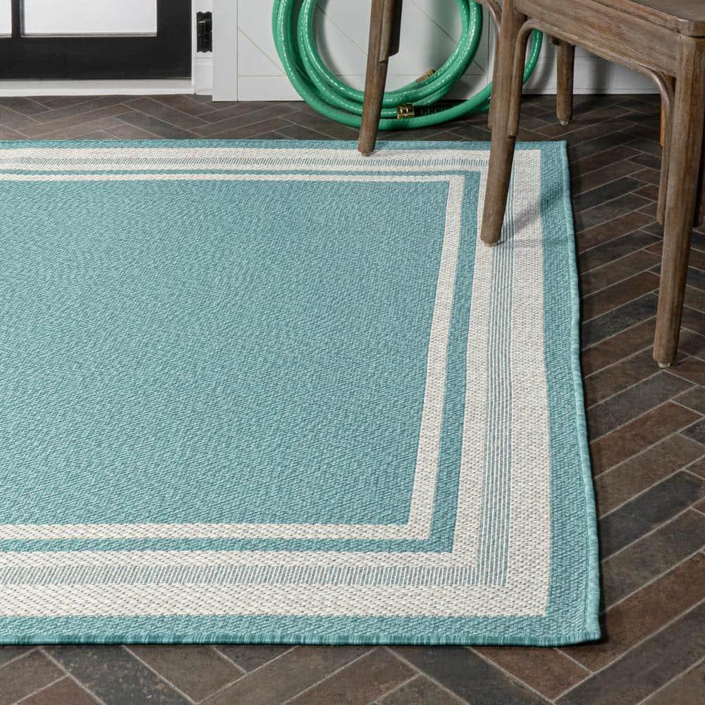 3' x 5' James Modern Border Stripe Indoor/Outdoor Area Rug, Aqua/Beige - JONATHAN Y