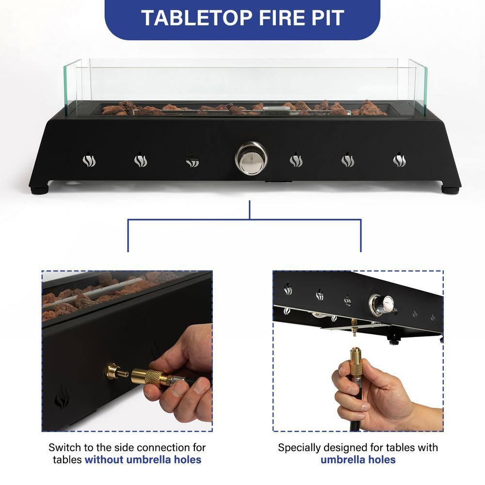 Tabletop Fire Pit with Quick Connect Joint, Glass Wind Guard and Lava Rock
