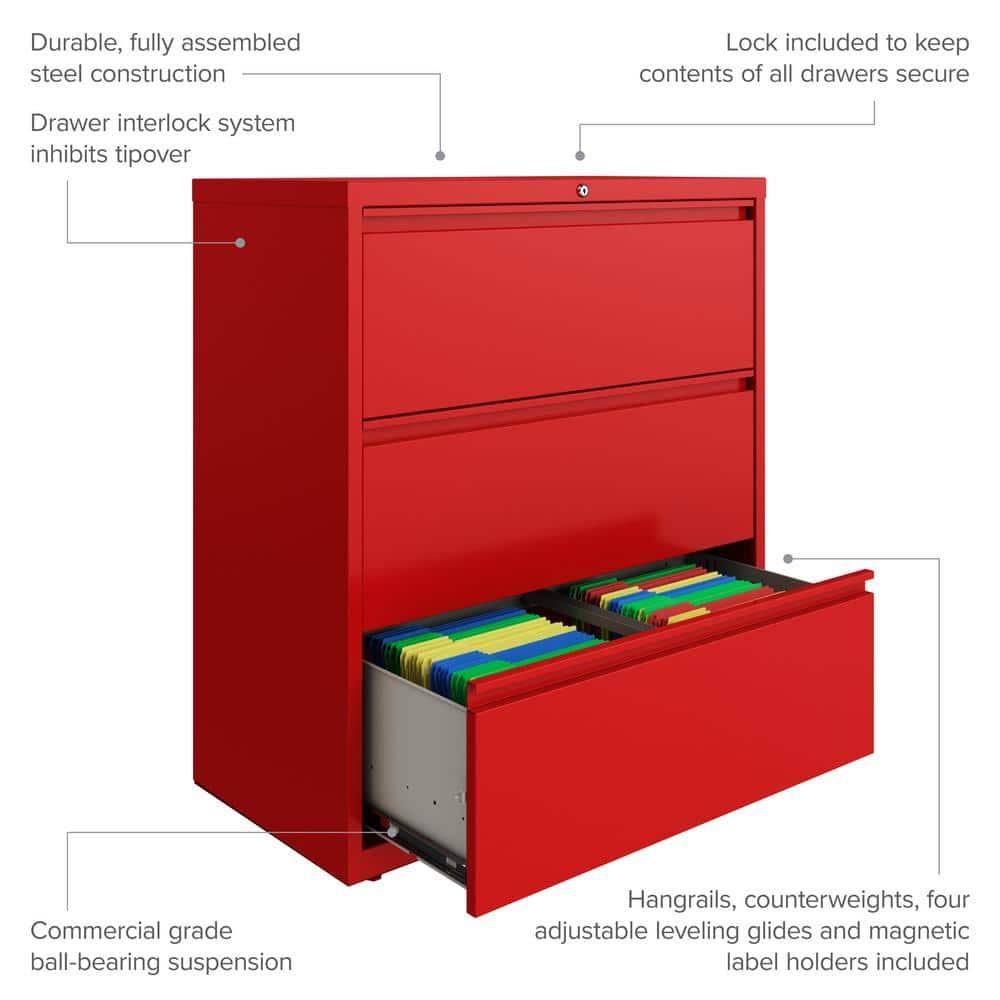 Hirsh 36 Inch Wide 3 Drawer Metal Lateral File Cabinet for Home and Office, Holds Letter, Legal and A4 Hanging Folders, Red