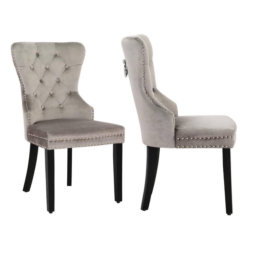 Polytrends Grandview Tufted Upholstered Dining Chair (Set of 2) with Nailhead Trim and Ring Pull Wingback Chairs Grey Velvet