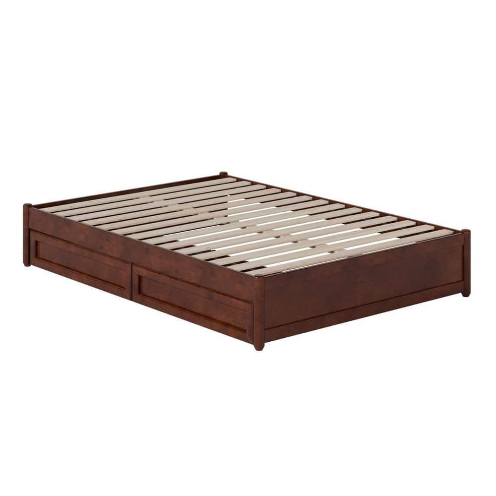 Barcelona Full Solid Wood Panel Platform Bed with Storage Drawers in Walnut