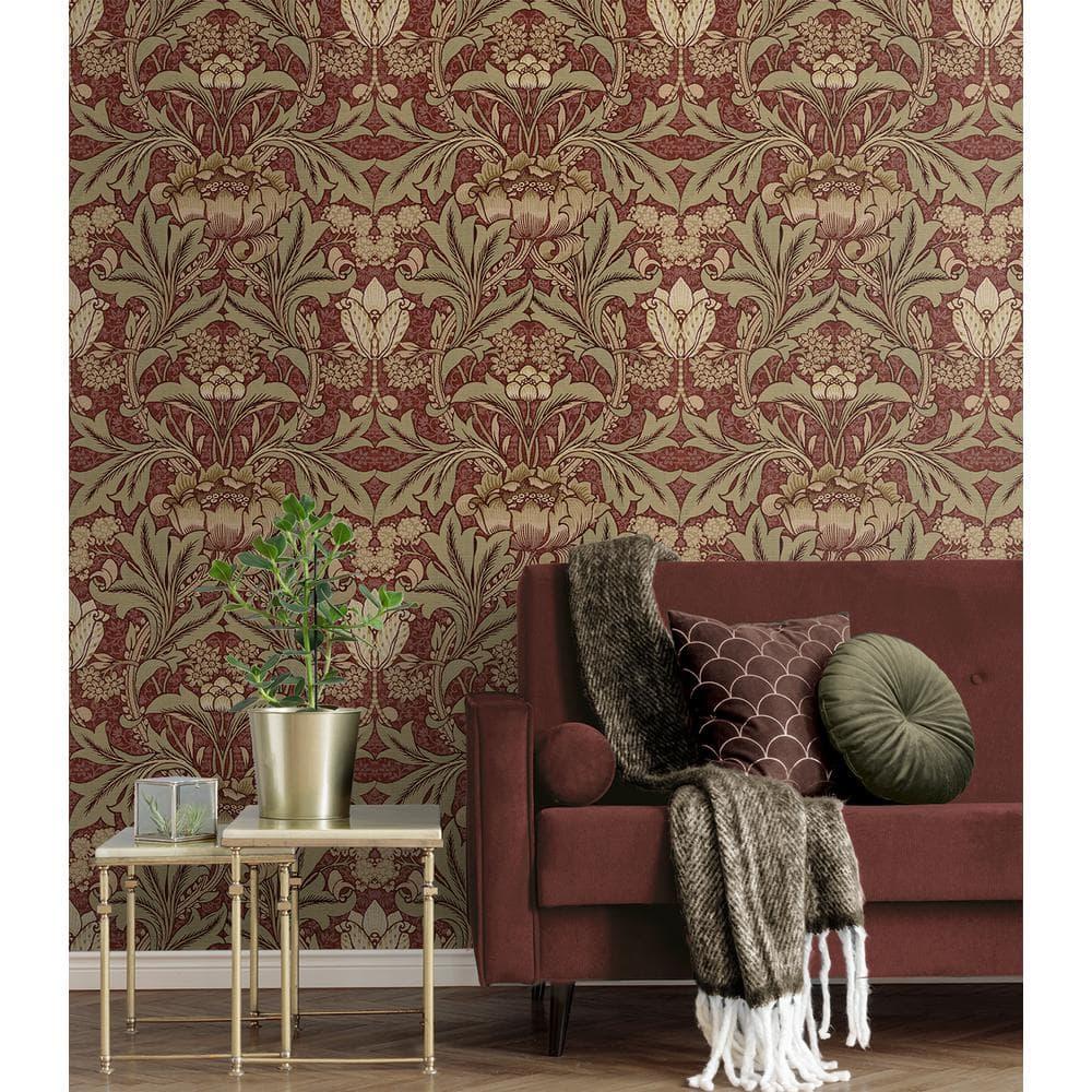 Seabrook Designs  Acanthus Floral Prepasted Wallpaper 20.5 in. W x 33 ft. L - Red Clay & Lichen