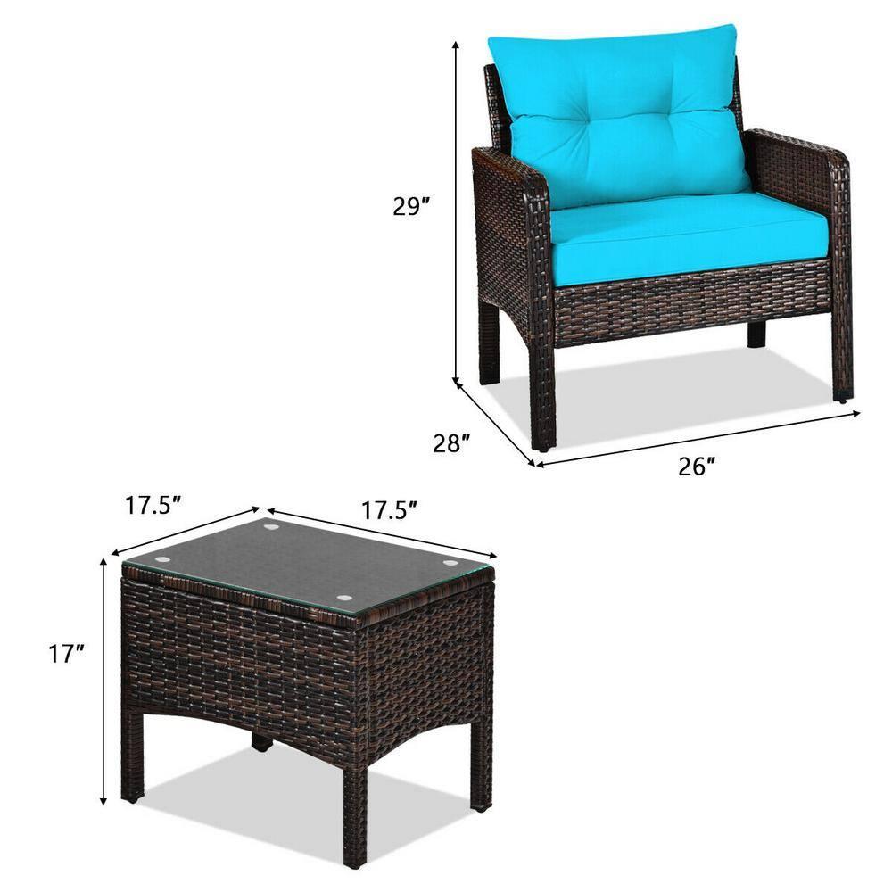 YYAo Garden Conversation Table Set, Conversation Loveseat Chairs Set, 3 Pcs Outdoor Patio Rattan Conversation Set with Seat Cushions-Turquoise