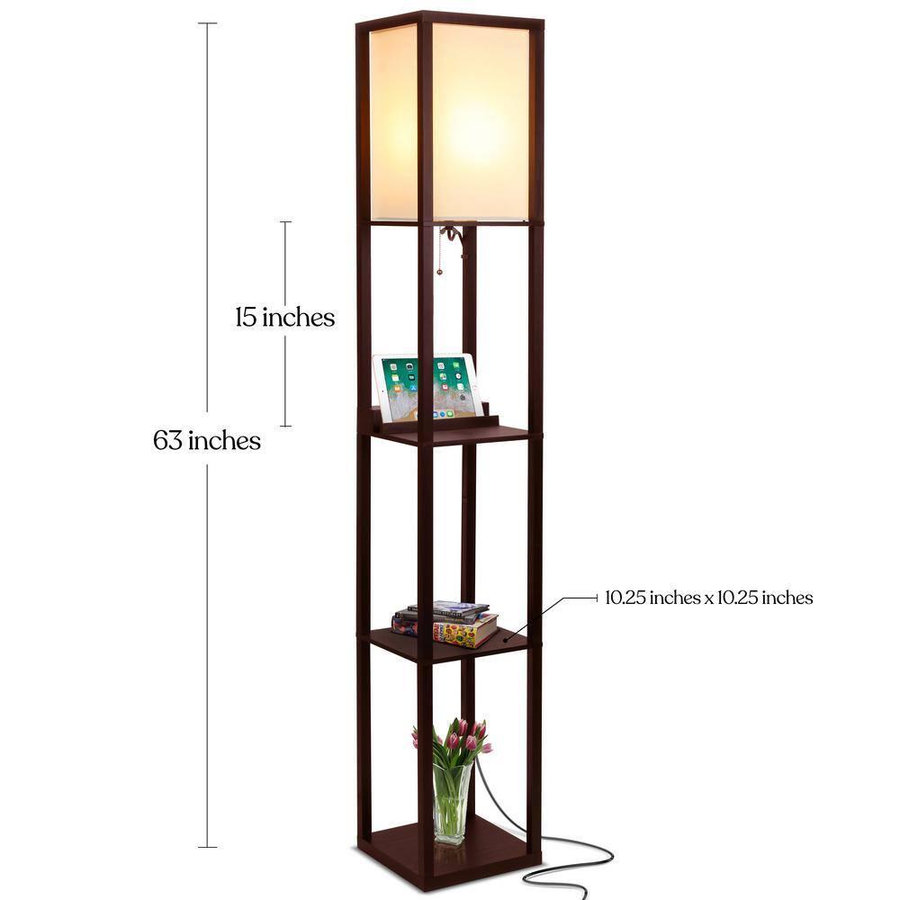 Brightech Maxwell 63 in. 3-Shelf Modern USB and Wireless Charging LED Floor Lamp with Fabric Square Shade