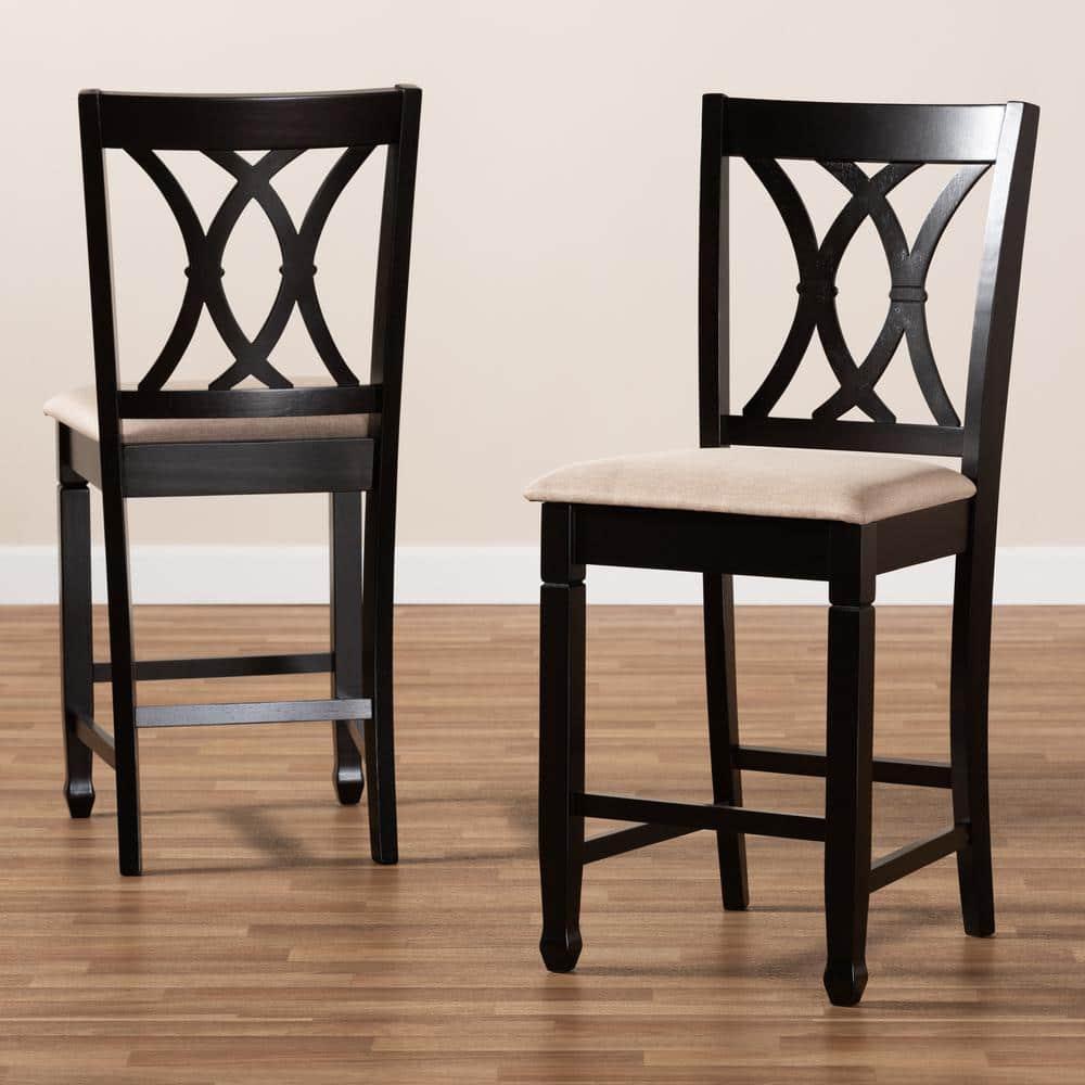 Set of 2 Reneau Finished Wood Counter Height Barstools Brown - Baxton Studio: Rubberwood Frame, Upholstered, 42.5" Height