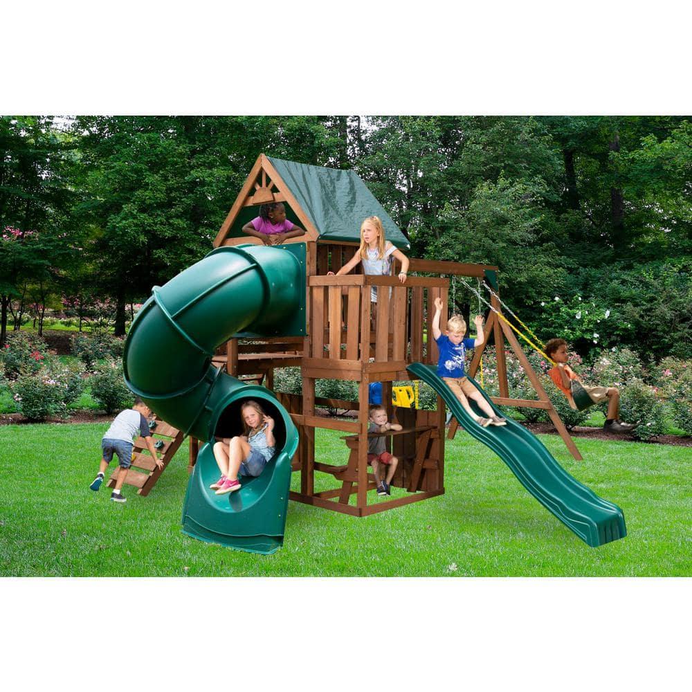 Swing-N-Slide Tellico Terrace Wooden Backyard Swing Set with Tube Slide, Wave Slide, Climbing Wall, and Swings