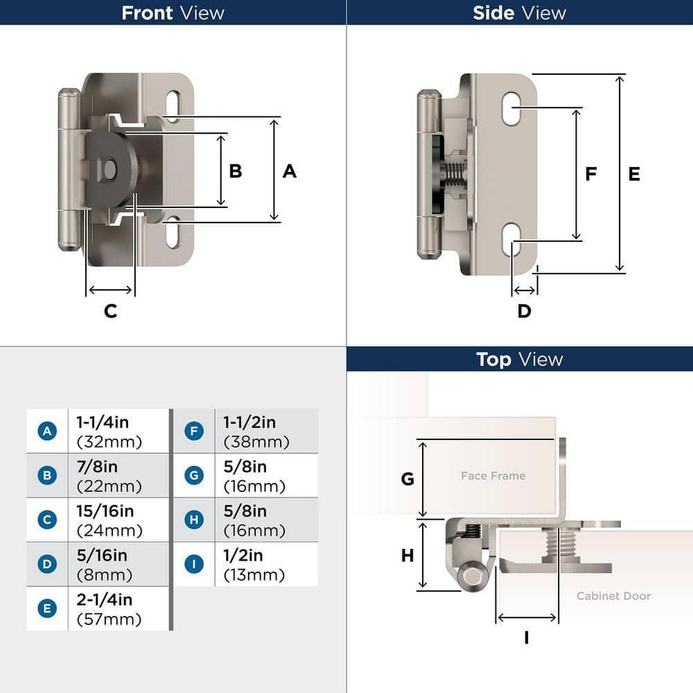 Amerock | Single Demountable Cabinet Hinge | 1/2 inch (12.7 mm) Overlay Hinge | Satin Nickel | 2 Count (pack of 1) | Self-Closing Hinge | Cabinet Door Hinge