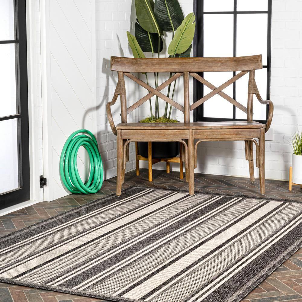 8' x 10' Haynes Modern Double Stripe Indoor/Outdoor Area Rug, Black/Cream - JONATHAN Y