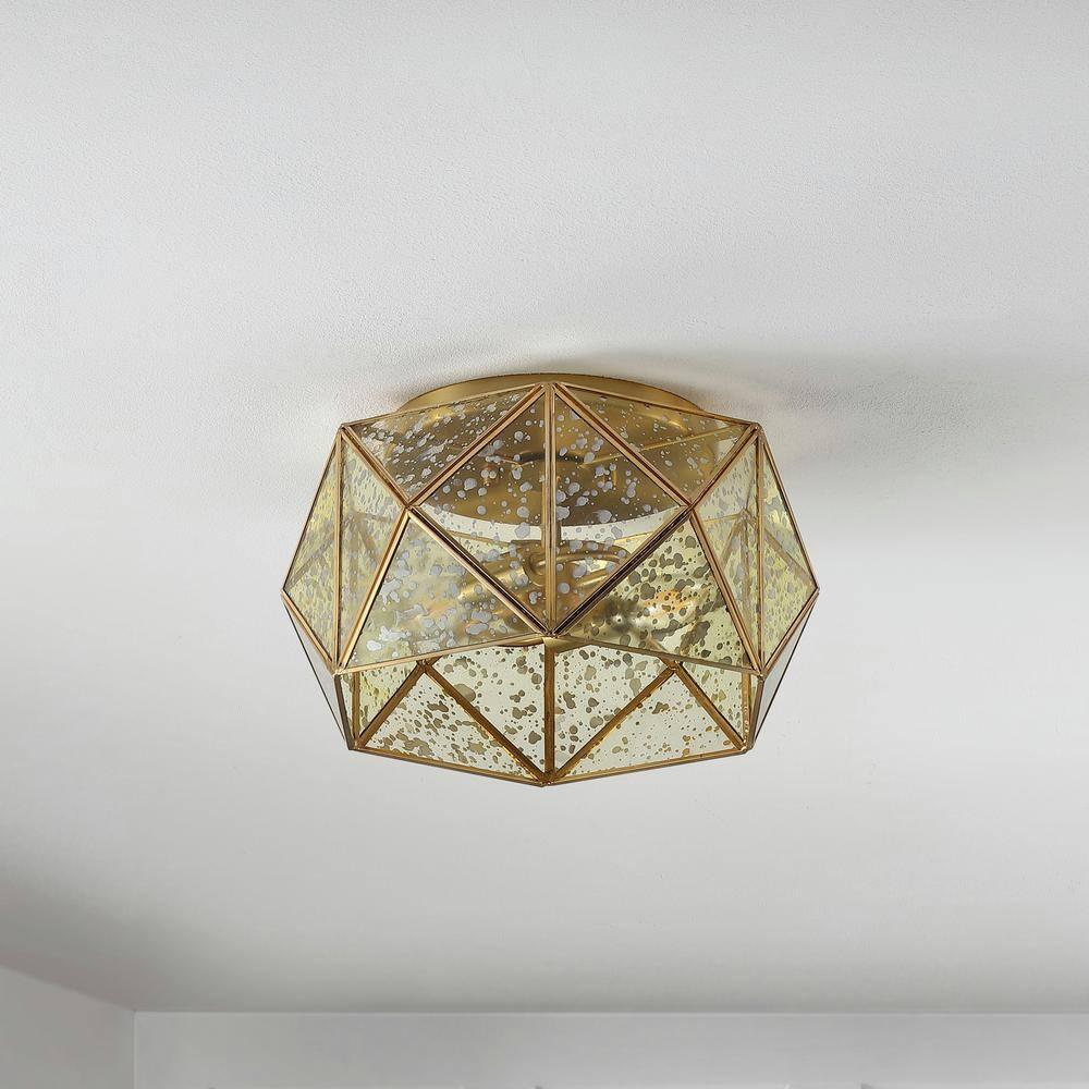 JONATHAN Y JYL9927A Violet 12.5" 2-Light Industrial Vintage Iron/Glass LED Flush Mount Farmhouse Modern 2700K Cozy Warm Light Kitchen Hallway Bathroom Stairwell Entryway Foyer, Brass Gold