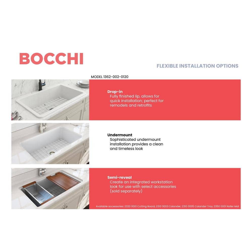 BOCCHI Sotto Undermount Fireclay 32 in. Single Bowl Kitchen Sink with Protective Bottom Grid and Strainer in Matte White
