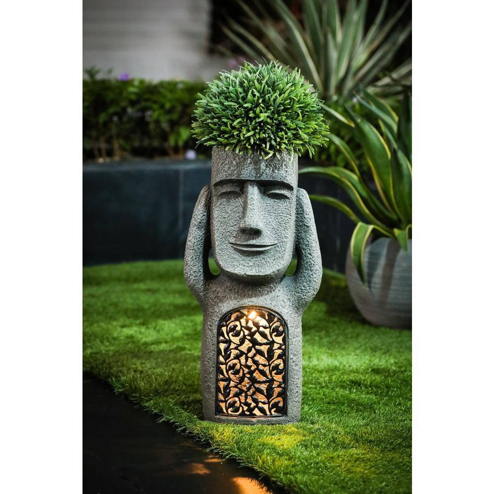 LuxenHome Gray MgO Set of 3 Garden Easter Island Solar Statues