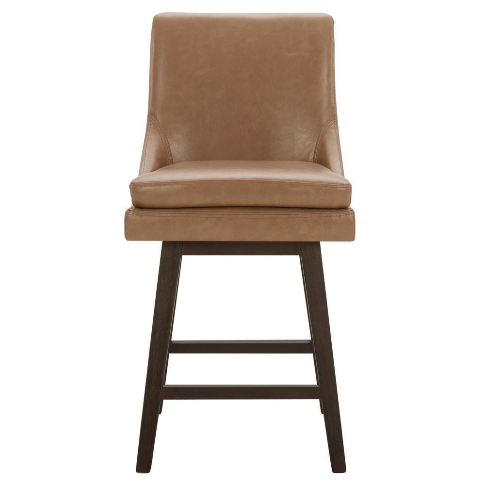 Fiona 26.8 in. Saddle Brown High Back Solid Wood Frame Swivel Counter Height Bar Stool with Faux Leather Seat(Set of 2)