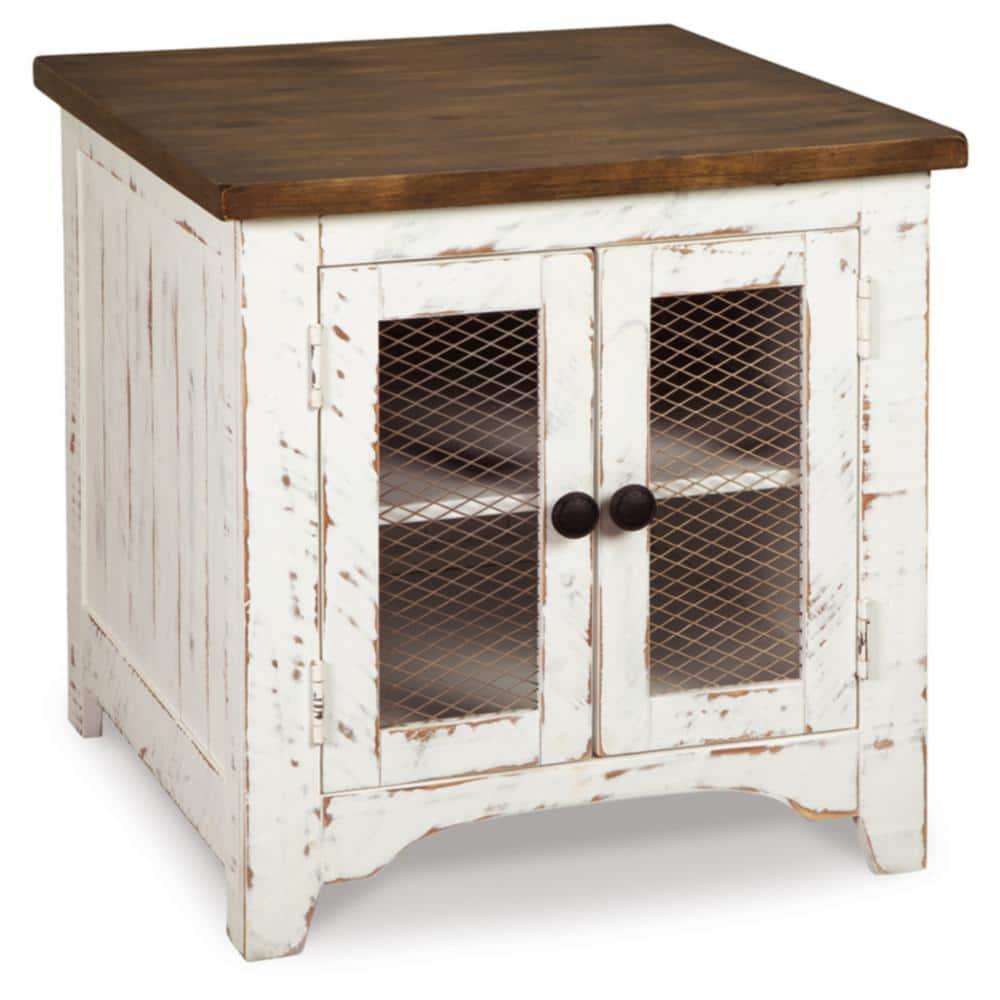Wystfield End Table White/Brown - Signature Design by Ashley: Modern Style with Storage, Wood Legs & Double Doors