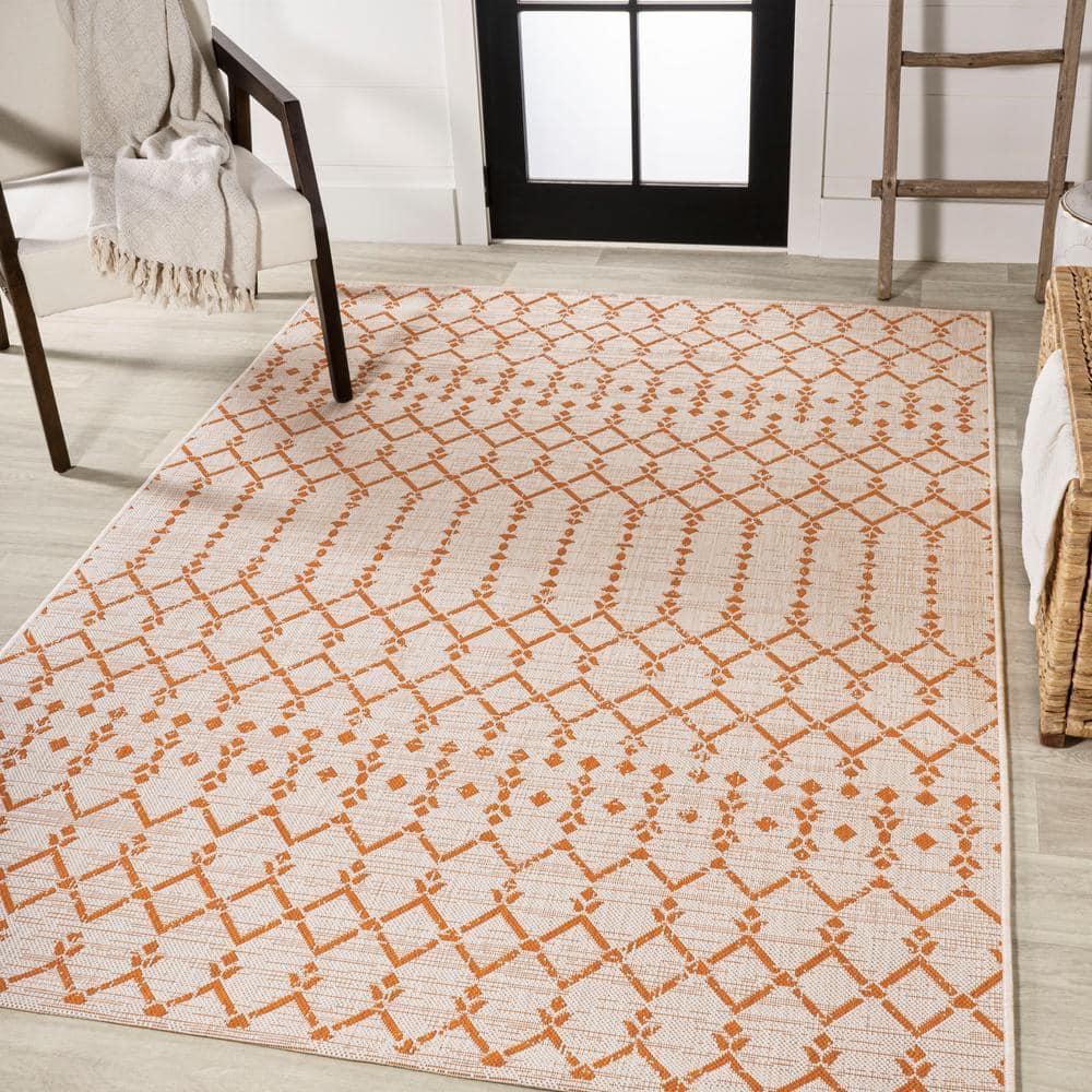 3' x 5' Ourika Moroccan Geometric Textured Weave Indoor/Outdoor Area Rug, Cream/Orange - JONATHAN Y