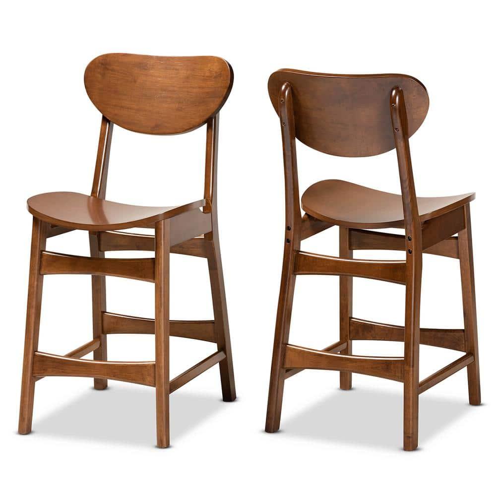 2pc Katya Wood Counter Height Barstool Set Brown - Baxton Studio: Walnut Finish, Polyester Upholstery, Footrests