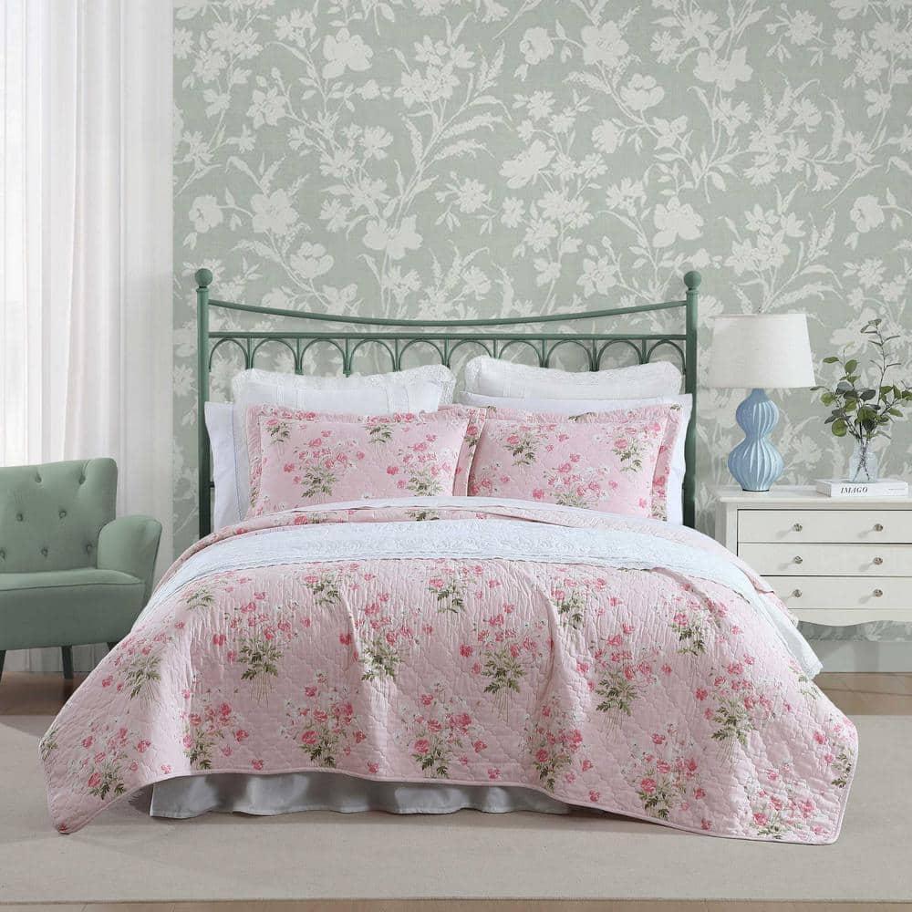 Laura Ashley Veronicas Bouquet Cotton Reversible Pink Quilt Set