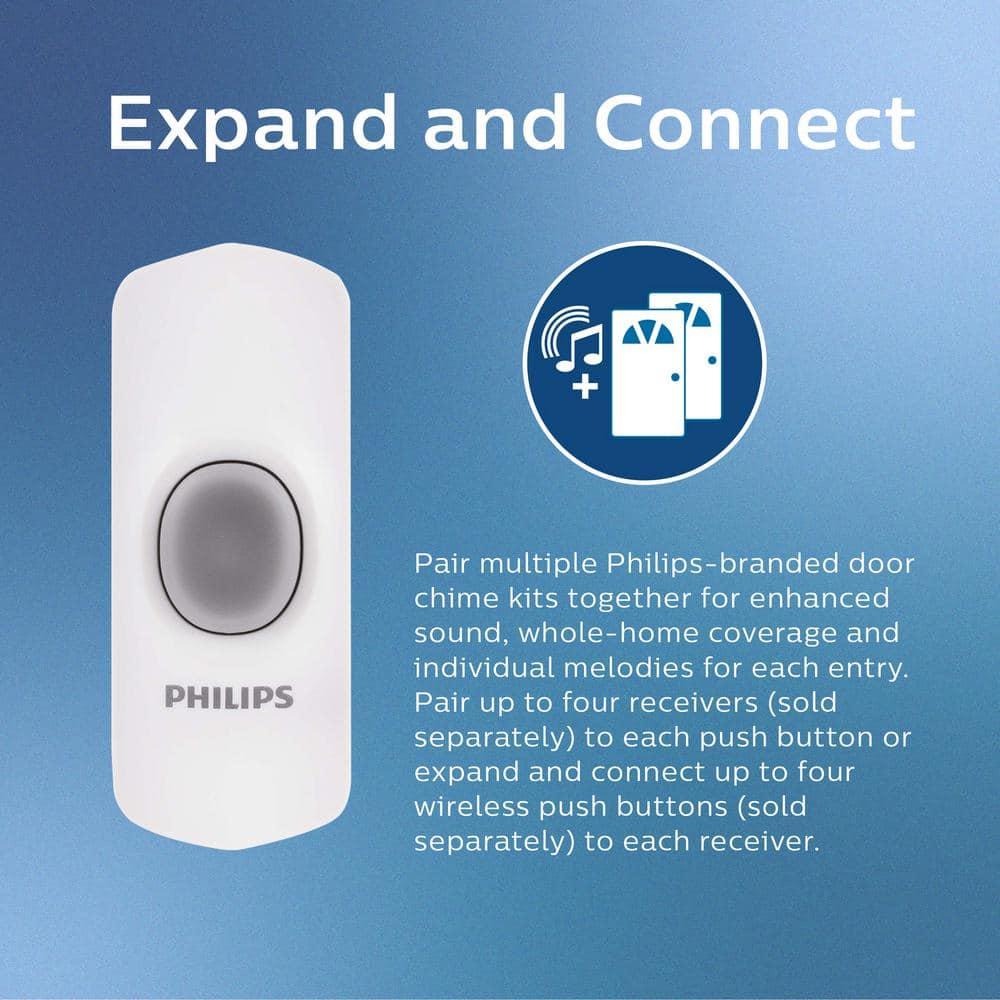 Philips Battery-Operated 32-Melody Door Chime, 1 Receiver, 1 Push Button, White, 6.4in, DES3140W/27