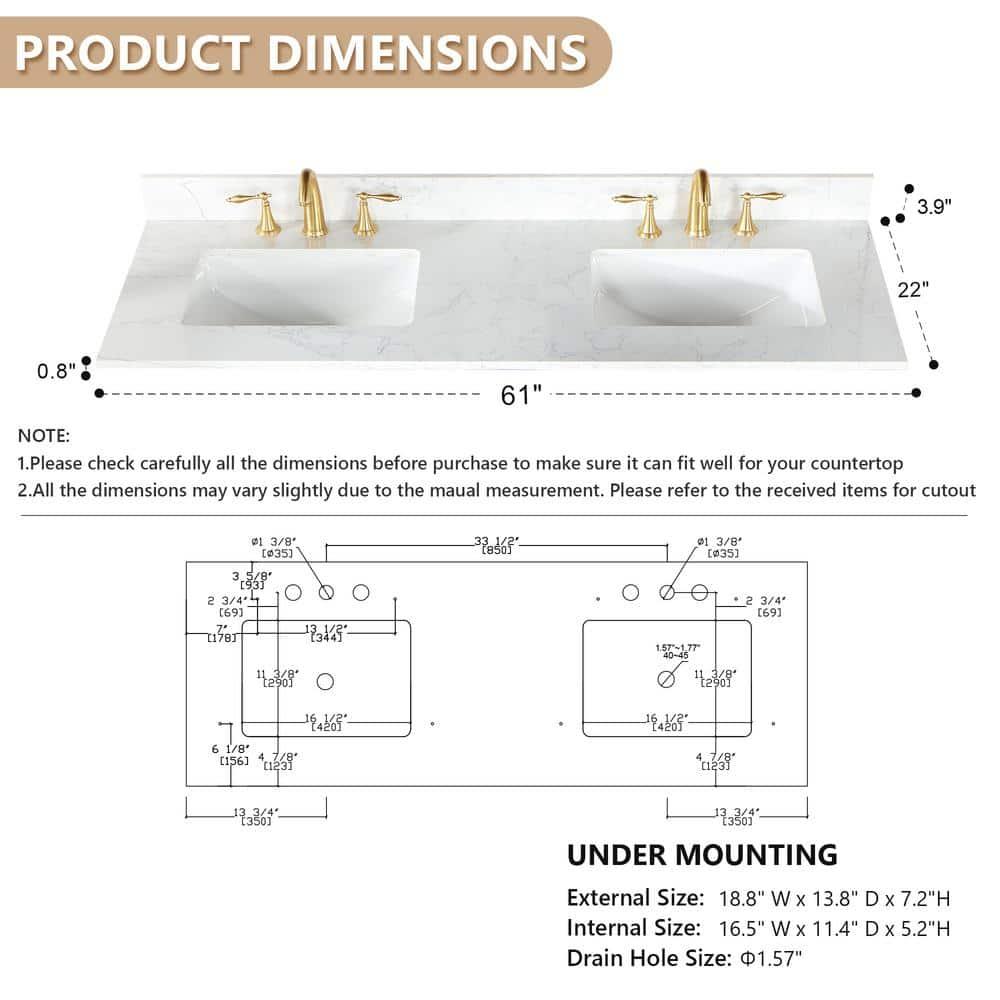 Ceres 61" Engineered Stone Double Bathroom Vanity Top with Sink