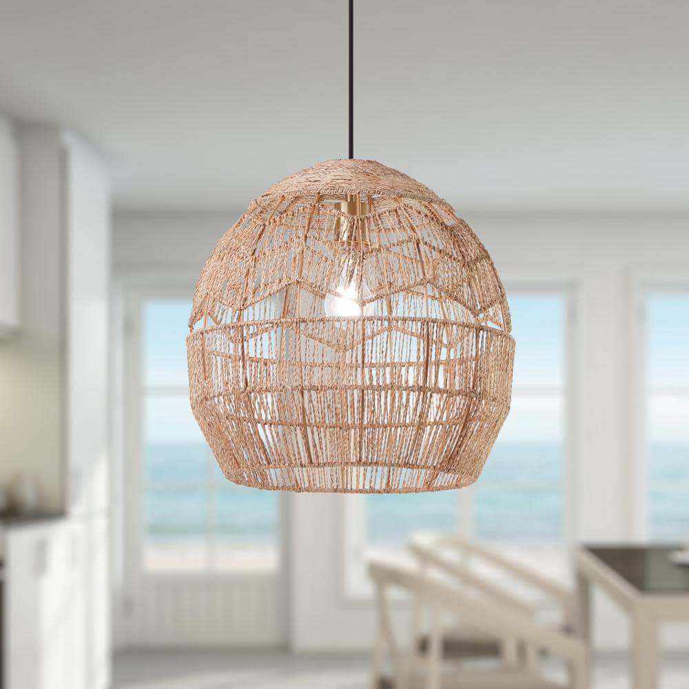 Mistana™ 15.5" Ames Metal and Woven Hemp Rope Hanging Pendant, Brown