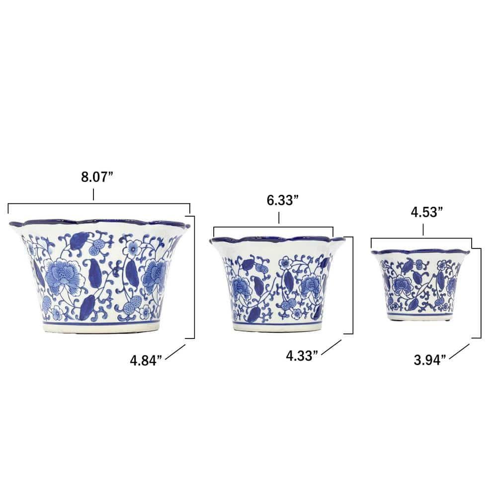 Set of 3 Blue & White Floral Ceramic Pots Ruffled Lip