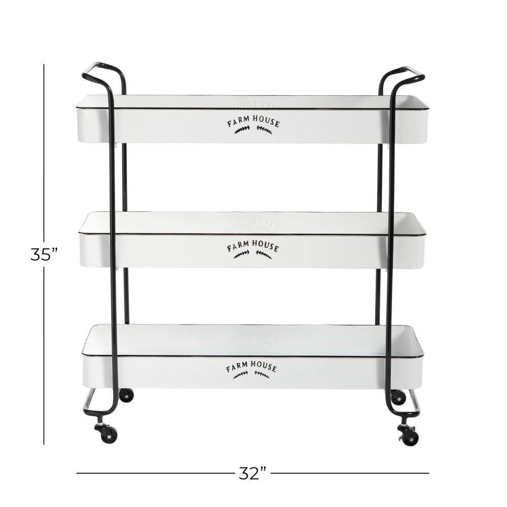 DecMode 32" x 35" White Metal Kitchen Rolling 3 Shelves Bar Cart with Black Accents and Farm House Design, 1-Piece