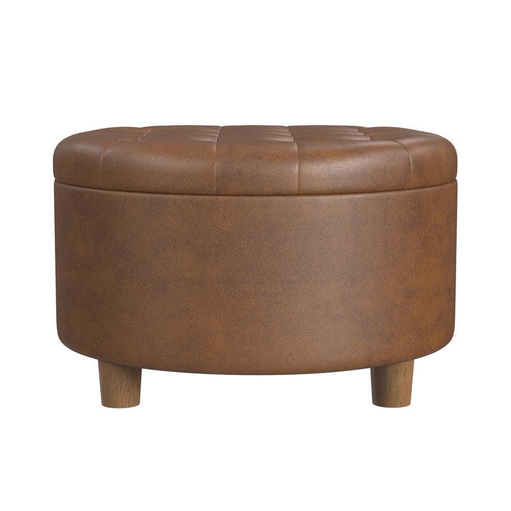 HomePop Tufted Faux Leather Round Storage Ottoman Brown: Upholstered Traditional Decor, Hardwood Frame