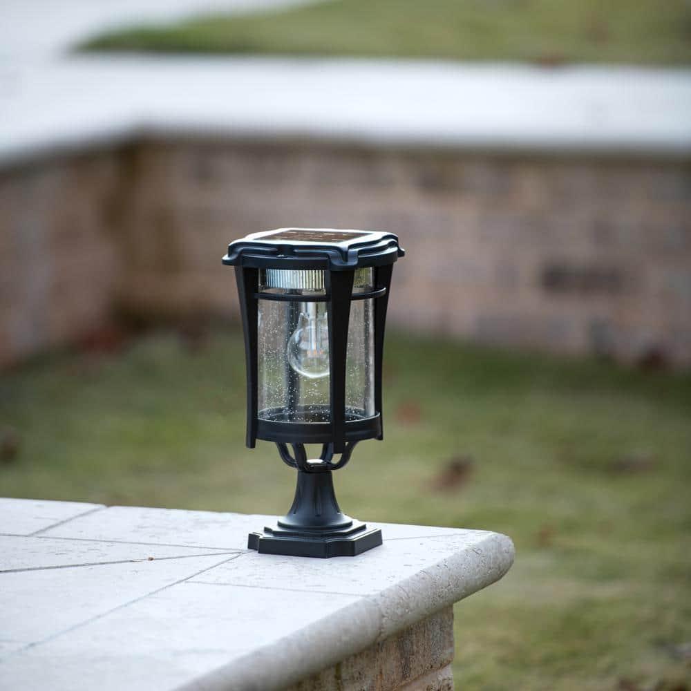 Eligia Black 1-Light 13" H Solar Powered Lantern Warm White Post Light with Pier and Wall