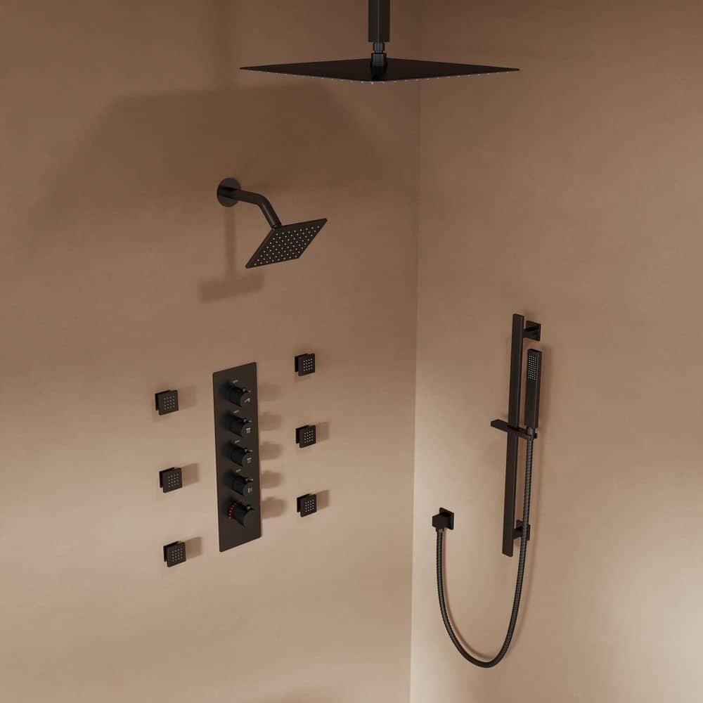 GRANDJOY 16 inch Complete Dual Shower Head System, Celling Mounted Shower Faucet Set with Hand Shower Head, Rough in-Valve, 6 Massage Body Jets - Matte Black